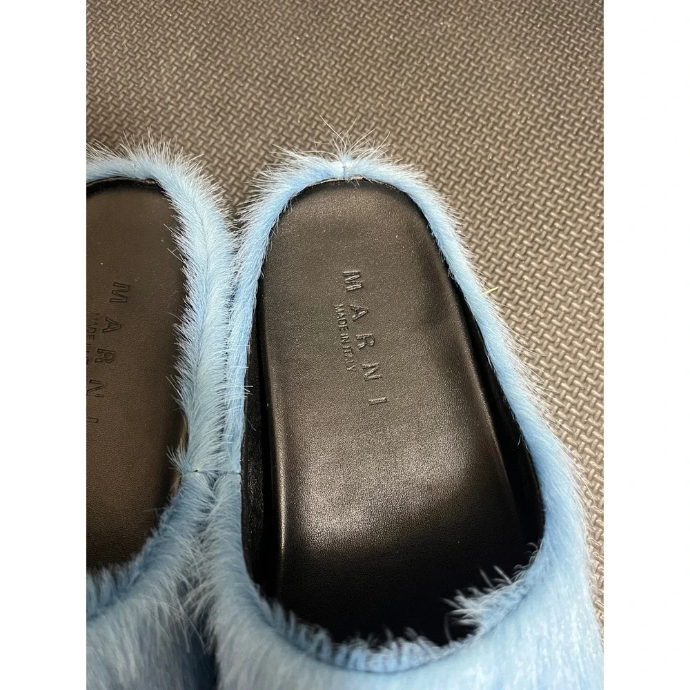 Marni‎ Fussbett Sabot Mens 44 US 11 Blue Calf Hair Furry Mules Slides Shoes